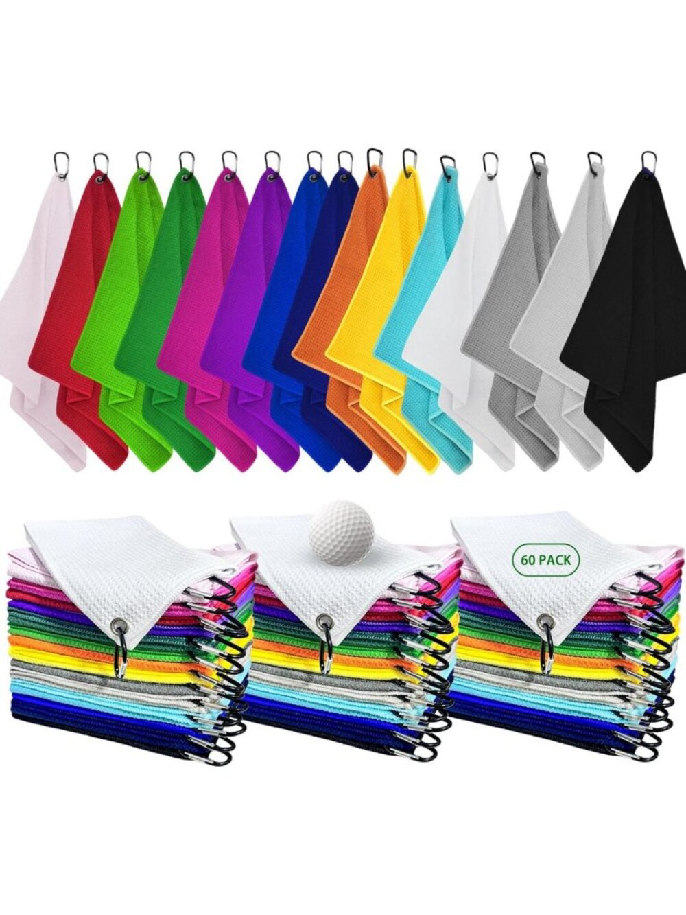 60 Pack Microfiber Golf Towels with Carabiner Clip - Waffle Pattern, Colorful